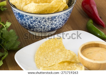 Tortilla chips and dip on a white plate.