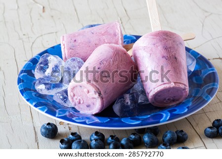 Closeup  of cold breakfast blueberry pops on a plate.