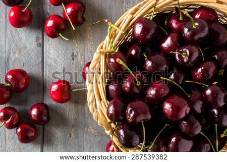 Closeup of cherries in a basket.