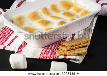 Close up of fresh cooked s\'mores dip in casserole dish.