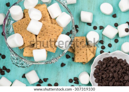 Close up of ingredients for s\'mores dip.