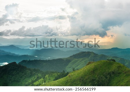Mountains rural landscape in thunderstorm