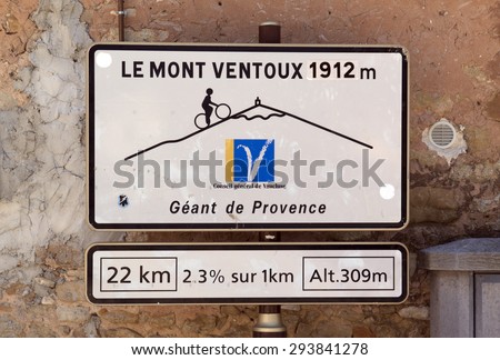 bedoin,france-june 28, 2015: road sign to the mont ventoux in bedoin france