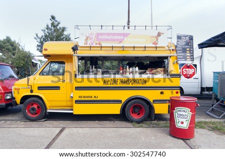 Amsterdam,Netherlands-july 31, 2015: american school bus in use as a food truck