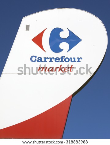 paris , France-september 13, 2015: Sign of the Carrefour hypermarche in Paris