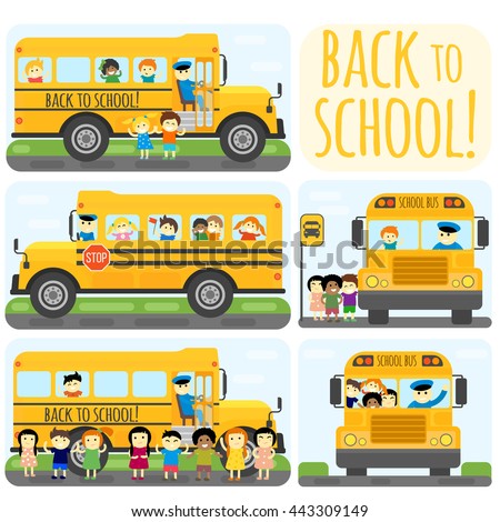Illustration of school kids riding yelliw schoolbus transportation education. Student child isolated school bus safety stop drive vector. Travel automobile school bus public trip childhood truck.