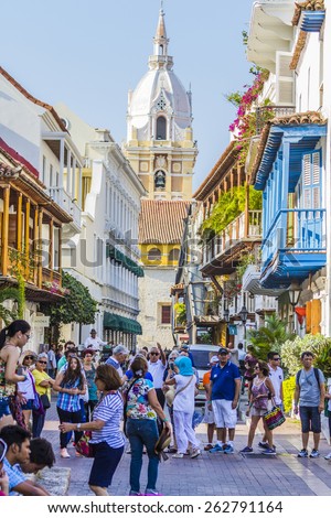 CARTAGENA, COLOMBIA - MARCH 2015: Many local and international tourists visit the antique center of the town of Cartagena de Indias in Colombia.