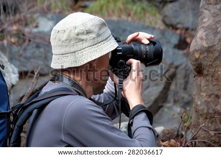 Photographer in action in the pine forest of Cyprus