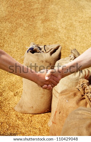 Farmers handshake at sacks background.