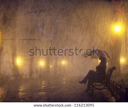 Single girl with umbrella sitting at the bench at night. Photo with noise and in old style image color.