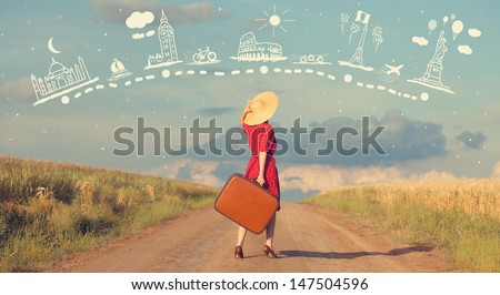 Redhead Girl With Suitcase At Outdoor.
