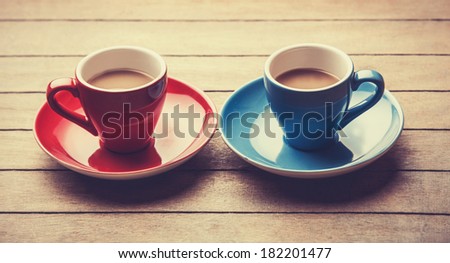 Two cups of the coffee. Photo in old color image style.