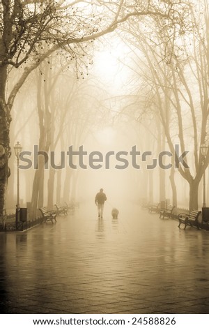 Walking men with dog in fog
