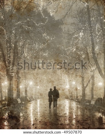 Couple walking at alley in night lights. Photo in old image style.
