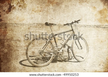 Old cycle at beach. Photo in old image style.