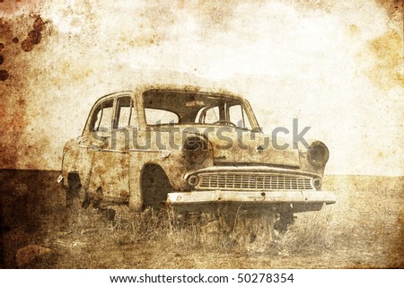 Old car at field. Photo in old image style.