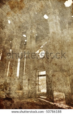 Ruins of old Catholic church in Lemanskoe ( old Leipzig), Odessa, Ukraine. Photo in old image style.