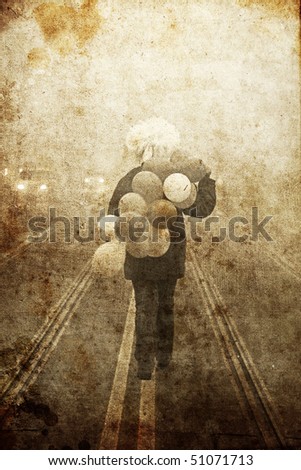 men with balloons walking at road. Photo in old image style.
