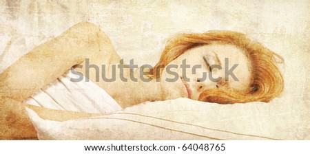 Pretty red-haired sleeping woman in white nightie lying in the bed. Photo in old retro style.