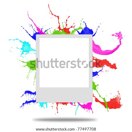 White photo with color paint explosion at background.