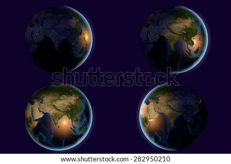 Planet Earth; the Earth from space showing India, Asia, India on globe in different time of day and night; elements of this image furnished by NASA