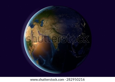 Planet Earth; the Earth from space showing India, Asia, India on globe in the evening; elements of this image furnished by NASA
