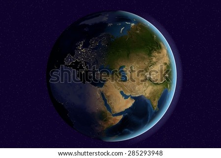 Planet Earth; the Earth from space showing India, Asia, Europe on globe in the day and night time; elements of this image furnished by NASA