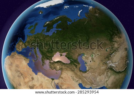 Planet Earth; the Earth from space showing Europe, Asia and Africa on globe in the day time; elements of this image furnished by NASA