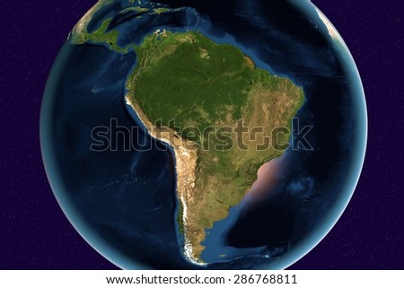 Planet Earth; the Earth from space showing South America, Brazil, Argentina, Chile, Colombia, Uruguay, Paraguay, Amazon, rainforest on globe in the day time; elements of this image furnished by NASA
