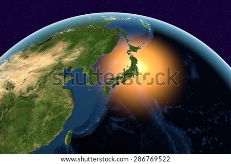 Planet Earth; the Earth from space showing Japan, Asia on globe in the day time; elements of this image furnished by NASA