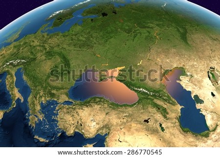 Planet Earth; the Earth from space showing Europe, Ukraine, Turkey, Black Sea, Bulgaria on globe in the day time; elements of this image furnished by NASA