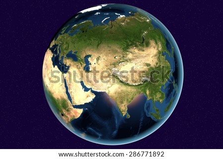 Planet Earth; the Earth from space showing Europe, Asia, Arabian peninsula, Saudi Arabia, India, Russia on globe in the day time; elements of this image furnished by NASA