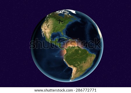 Planet Earth; the Earth from space showing North and South America, USA, Brazil, Central America, Colombia, Peru on globe in the day time; elements of this image furnished by NASA