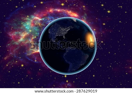 The Earth from space n the background with stars and galaxies showing North and South Americas, Central America, USA, Brazil on globe in the night time; elements of this image furnished by NASA