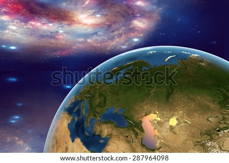 The Earth from space on the background with stars and galaxies showing Western Europe, Eastern Europe, Southern Europe on globe in the day time; elements of this image furnished by NASA