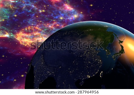 The Earth from space on the background with stars and galaxies showing Asia, Japan, China, Korea, Vietnam on globe in the night time; elements of this image furnished by NASA