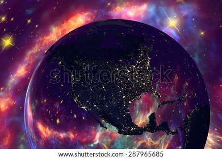 The Earth from space on the background with stars and galaxies showing North America, USA on globe in the night time; elements of this image furnished by NASA