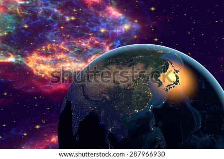 The Earth from space on the background with stars and galaxies showing Asia, Japan, China, Korea, Vietnam on globe in the night and day time; elements of this image furnished by NASA