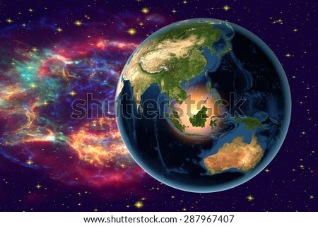 The Earth from space on the background with stars and galaxies, Asia, Indonesia, India, Japan, China, Korea, Vietnam, Malaysia, Australia in the day time; elements of this image furnished by NASA