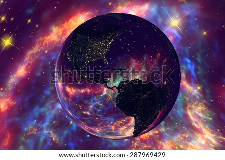 The Earth from space on the background with stars and galaxies showing North and South Americas, Central America, USA, Brazil on globe in the night time; elements of this image furnished by NASA