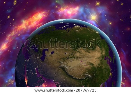 The Earth from space on the background with stars and galaxies showing Eurasia, Russia on globe in the day time; elements of this image furnished by NASA