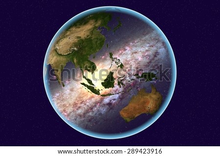 Planet Earth on background with stars; the Earth from space showing Indonesia, Malaysia, Australia on globe in the day time; galaxies are reflected in water; elements of this image furnished by NASA