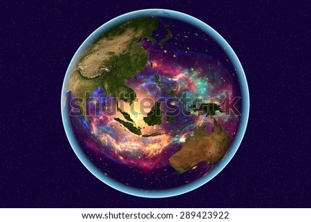 Planet Earth on background with stars; the Earth from space showing Indonesia, Malaysia, Australia on globe in the day time; galaxies are reflected in water; elements of this image furnished by NASA