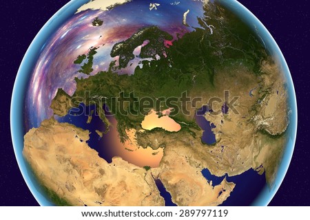 Planet Earth on background with stars; Earth from space showing Europe, Arabian peninsula, Africa on globe in the day time; galaxies are reflected in water; elements of this image furnished by NASA