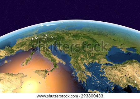 Planet Earth on background with stars; Earth from space showing Southern Europe, Mediterranean sea, Italy, Greece on globe in the day time, with enhanced bump; elements of this image furnished by NASA