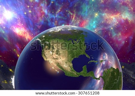 The Earth from space showing North and Central America on surrealistic background with galaxies, galaxies are reflected in water, elements of this image furnished by NASA, other orientations available