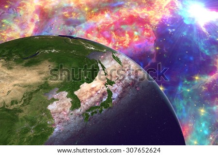 The Earth from space showing Japan on surrealistic background with galaxies, galaxies are reflected in water, elements of this image furnished by NASA, other orientations available