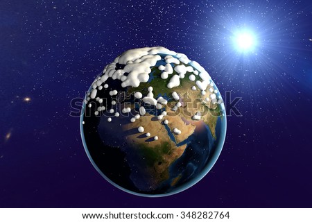 Snowing. The planet Earth from space showing Africa, Arabian Peninsula, Europe and Asia. The globe is covered with snow. Fantastic background. Elements of this image furnished by NASA