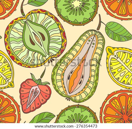 Seamless fruits pattern. Abstract background with fruits. Healthy food texture. Vector illustration