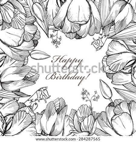 Vector elegance floral background with graphic spring flowers (tulips) in vintage style.Template for greeting card